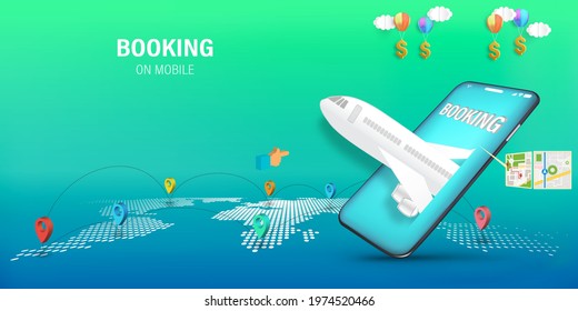 Travel Mobile Application , Travel Online booking on Website or smartphone as trip , transportation and Journey concept, Vector illustration.
