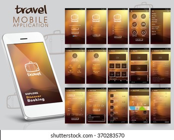 Travel Mobile Application User Interface layout with different UI, UX and GUI template including Login, Create Account, Profile, Setting and Places screens.