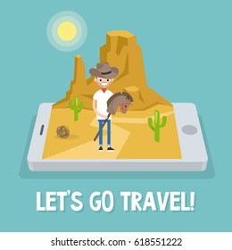 Travel mobile application. Wild west conceptual illustration. Young brunette man wearing a cowboy hat and riding a hobbyhorse / flat editable vector illustration