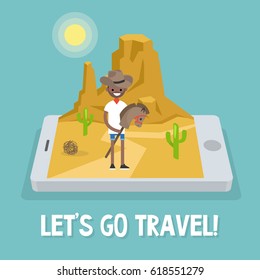 Travel mobile application. Wild west conceptual illustration. Young black man wearing a cowboy hat and riding a hobbyhorse / flat editable vector illustration