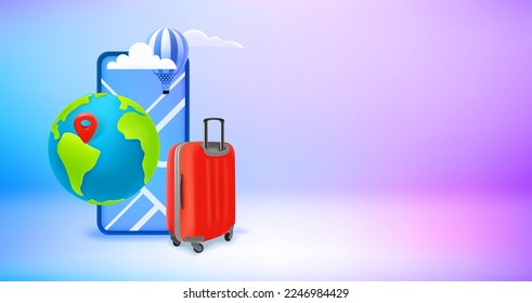 Viaje con el concepto de mapa móvil. Banner vector 3d con espacio de copia

