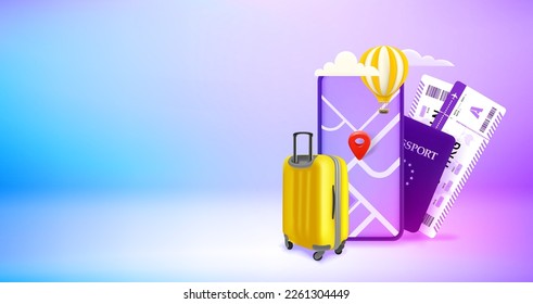 Travel with mobile map concept. Vector 3d banner with copy space

