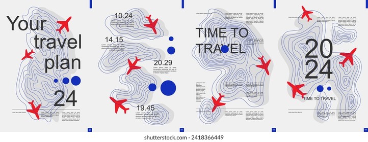 Travel modern banner with trendy minimalist typography design. Poster templates with flying airplanes with abstract graphic shapes and text elements for vacation and travelling. Vector illustration.