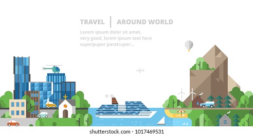 Travel. Modern city, pure nature. Mountain landscape.