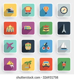 Travel modern flat icons with color buttons on gray background.