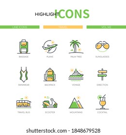 Travel - modern line design style icons set. Beach vacation and tourism idea. Baggage, plane, palm tree, sunglasses, swimwear, backpack, voyage, direction, bus, scooter, mountains, cocktail images