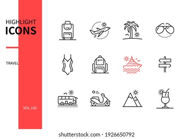 Travel - modern line design style icons set. Beach vacation and tourism idea. Baggage, plane, palm tree, sunglasses, swimwear, backpack, voyage, direction, bus, scooter, mountains, cocktail images