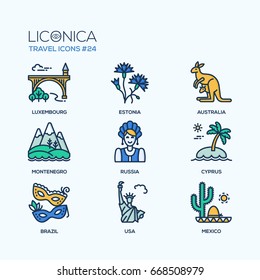 Travel - modern vector flat line design icons set. Luxembourg, Estonia, Australia, Montenegro, Russia, Cyprus, Brazil, USA, Mexico. Be on a journey, have a safe and interesting trip, adventure.