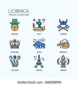 Travel - modern vector flat line design icons set. Ireland, Italy, Sweden, England, Spain, Germany, Holland, France, Greece. Be on a journey, have a safe and interesting trip, adventure.