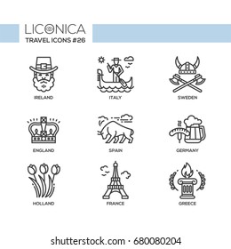 Travel - modern vector flat line design icons set. Ireland, Italy, Sweden, England, Spain, Germany, Holland, France, Greece. Be on a journey, have a safe and interesting trip, adventure.