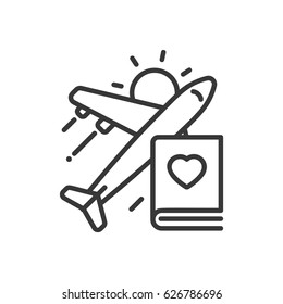 Travel - modern vector single line icon. An image of a flying plane, book, shining sun and heart shaped figure. Representation of going for a journey, vacation, trip. Be safe.