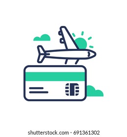 Travel - modern vector single line design icon. An isolated sign for going on a journey, vacation, business trip, credit, debit card, a plane. Sun, clouds, green color. White background.