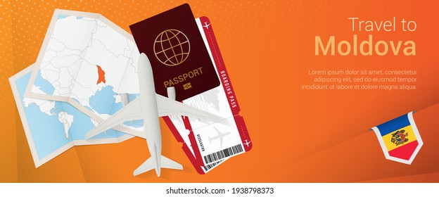 Travel To Moldova Pop-under Banner. Trip Banner With Passport, Tickets, Airplane, Boarding Pass, Map And Flag Of Moldova. Vector Template.