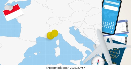 Travel to Monaco concept, map with pin on map of Monaco. Vacation preparation map, flag, passport and tickets. Vector illustration in flat design.