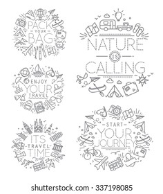 Travel monograms drawing with flat grey lines lettering pack your bag, start your journey, nature is calling