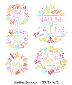 Travel monograms drawing with flat vivid color lines lettering pack your bag, start your journey, nature is calling