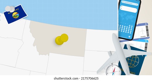 Travel to Montana concept, map with pin on map of Montana. Vacation preparation map, flag, passport and tickets. Vector illustration in flat design.