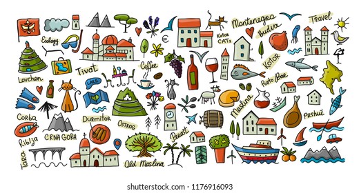 Travel to Montenegro, icons collection for your design