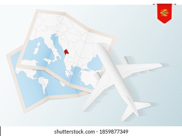 Travel to Montenegro, top view airplane with map and flag of Montenegro. Travel and tourism banner design.
