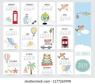 Travel monthly calendar 2019 with bus,world,airplane,balloon,car,suitcase,sea,beach,star fish and coconut tree