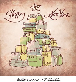 Travel mood: Composition with cases and with hand drawn text: HAPPY NEW YEAR .Vector illustration.  Element for your design: New Year's card, invitation,  flayer.