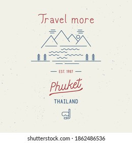 Travel more with Phuket hand lettering. City name in the southern province of Thailand. Travel concept with abstract watercolor splatters.
