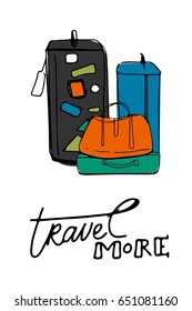 Travel more.Hand drawn set of different travel bags and suitcases. Vector illustration