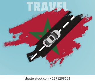 Travel to Morocco by car, going holiday idea, vacation and travel banner concept, car on the road with Morocco flag, international car travel, automobile going on a way, top view