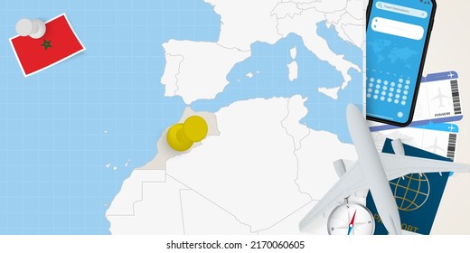 Travel to Morocco concept, map with pin on map of Morocco. Vacation preparation map, flag, passport and tickets. Vector illustration in flat design.