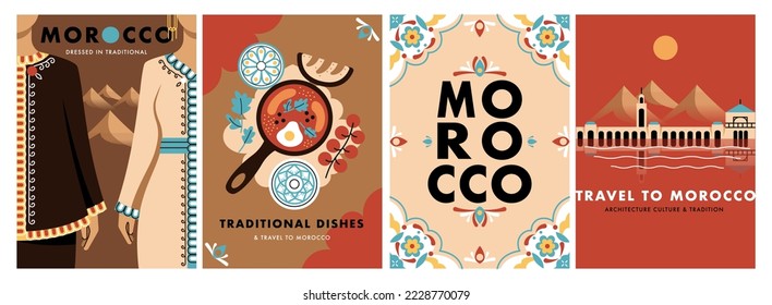 Travel morocco guide posters set. Postcards or covers with traditional Moroccan clothing, cuisine and ornament. Tourism and vacation. Cartoon flat vector collection isolated on white background