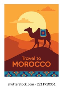 Travel to Morocco poster. Camel walks through desert against backdrop of setting sun, animal on hot sand. Traditions and culture, Islam. Graphic element for website. Cartoon flat vector illustration