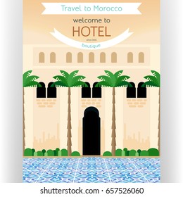Travel to Morocco poster template. Traditional Mediterranean courtyard of luxury hotel with blue tiled floor. Banners and space for custom text. Flat design vector illustration.