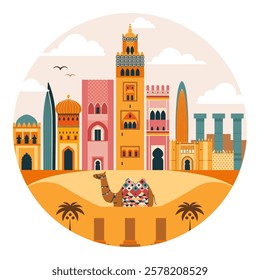 Travel to Morocco print with famous architectural landmarks and camel in a desert. Moroccan panorama with popular architectural attractions or Fez, Rabat and Marrakesh. Circle shape sticker.