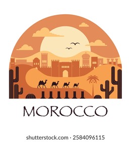 Travel to Morocco print with Marrakesh and Rabat famous architectural landmarks skyline at desert dunes. Moroccan panorama with popular architectural attractions and camel caravan.