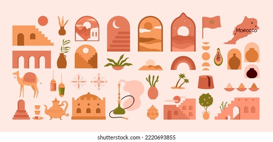 Viajar a Marruecos establece ilustración vectorial. Caricatura aislada arte abstracto marroquí y símbolos culturales, edificio de la ciudad de Marrakech con puertas y arcos de terracota, mapa y bandera, cerámica y camellos