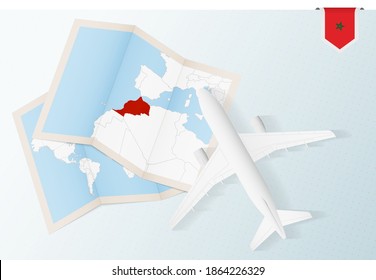 Travel to Morocco, top view airplane with map and flag of Morocco. Travel and tourism banner design.