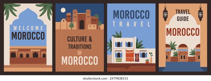 Travel morocco touristic cards. Traditional architecture, muslim country, nature landscape, authentic ornaments, architecture guide banners, ramadan kareem postcard, tidy vector posters set