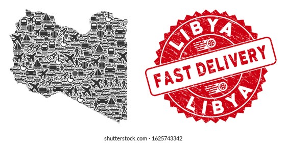Travel mosaic Libya map and corroded stamp seal with FAST DELIVERY text. Libya map collage created with grey random travel symbols. Red round FAST DELIVERY seal stamp with grunge texture.