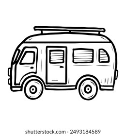 Travel motorhome hand drawn in doodle style. Tourist motor home for a trip to the forest to the lake. Family vacation in a trailer. House on wheels. Vector line art illustration.