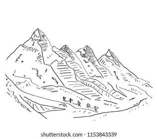 Travel mountaineers team with mountain scenery, vector illustration 