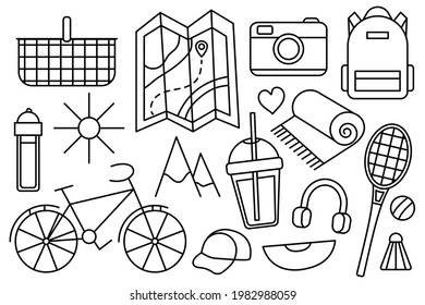 Travel to the mountains, hike. Eco tourism. Camping outdoor recreation. Vector line icon. Editable stroke. Doodle style