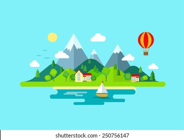 Travel mountains island landscape and sailing color flat vector icon nature weather concept template. Stylish trendy outdoor tourism rest vacation boat yacht balloon hiking. Flat landscapes collection