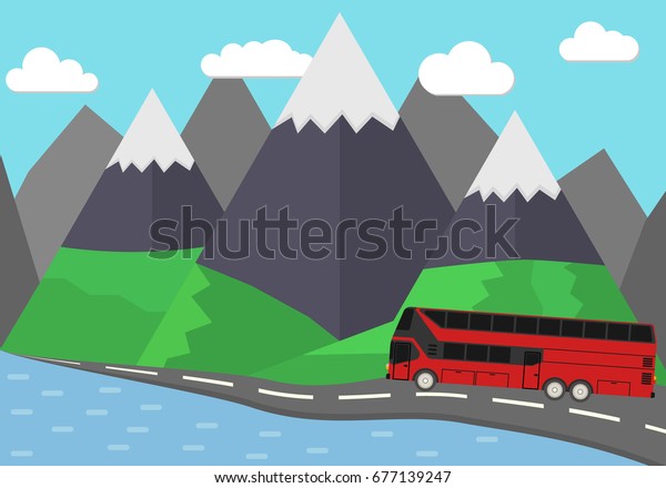 Travel mountains landscape and sailing color\
flat vector icon. Red bus goes on the highway in the mountains.\
Stylish trendy outdoor tourism rest vacation boat yacht balloon\
hiking. Flat landscapes