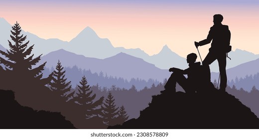 Travel mountains landscape. Silhouette of tourists on rock. Forest horizontal background. Extreme tourism panorama. Adventure outdoor scene