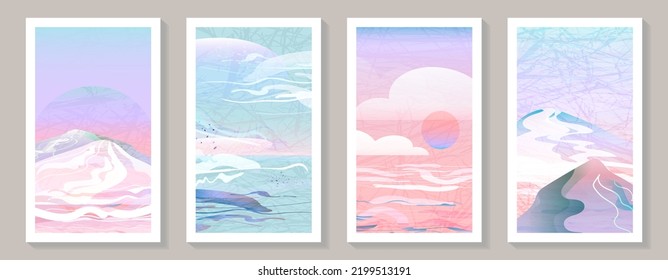 Travel to mountains wall art vector set. Landscapes in pink and blue sunset tones with mountains, clouds and sun on a grunge texture. Abstract plant art for print, cover, wallpaper, minimal.