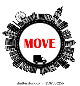 travel or move icon sign logo , road circle with car bags suitcase and bike. trip around the world concept