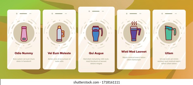 Travel Mug Hot Drink Onboarding Icons Set Vector. Coffee And Tea Travel Mug, Thermo Cup And Bottle With Morning Beverage Illustrations