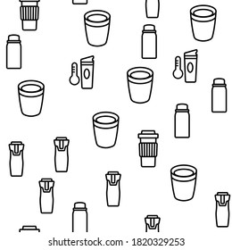 Travel Mug Hot Drink Vector Seamless Pattern Thin Line Illustration