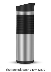 Travel mug with screw lid and non-slip collar sleeve, realistic vector mockup. Portable metal thermo bottle, mock-up.