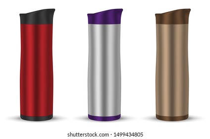 Travel mug set, realistic mockup. Metal thermos, mock-up. Portable insulated bottle, template. Easy to recolor.